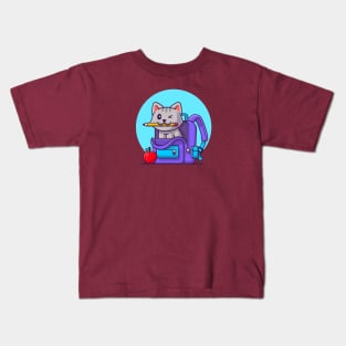 Cute Cat Biting Pencil With Bag And Apple Cartoon Kids T-Shirt